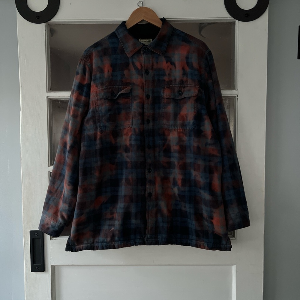 Custom Dyed L.L. Bean Regular Blue Fleece Lined Plaid Flannel Shirt Jacket